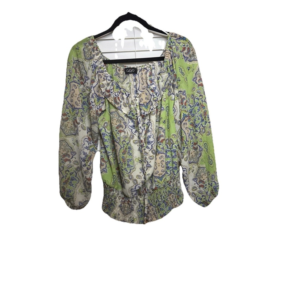 GiGi0 SM 3/4 Balloon Sleeve Floral Blouse Elastic Neck Gathered Streatch Waist